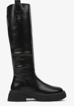 Czarne Ocieplane Kozaki w Stylu Grunge z Ozdobną Wstawką Henamia