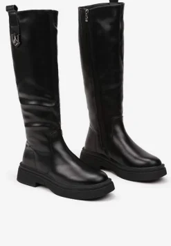 Czarne Ocieplane Kozaki w Stylu Grunge z Ozdobną Wstawką Henamia