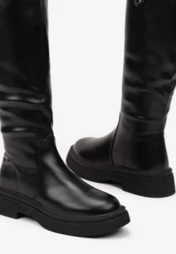 Czarne Ocieplane Kozaki w Stylu Grunge z Ozdobną Wstawką Henamia