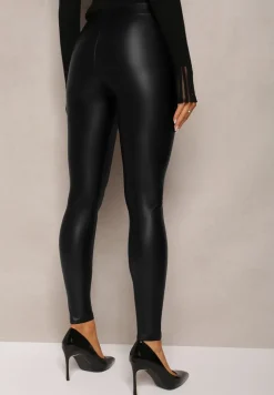 Czarne Ocieplane Legginsy High Waist z Imitacji Skóry Tushi
