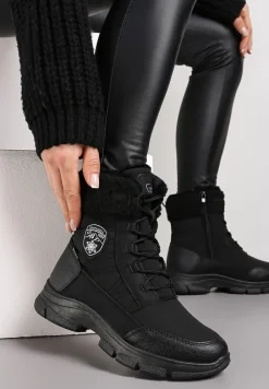 Czarne Ocieplane Śniegowce z Ozdobnym Kożuszkiem Arianea