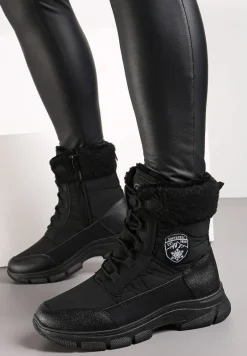 Czarne Ocieplane Śniegowce z Ozdobnym Kożuszkiem Arianea