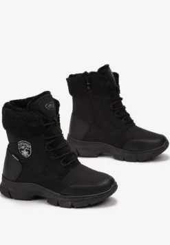 Czarne Ocieplane Śniegowce z Ozdobnym Kożuszkiem Arianea