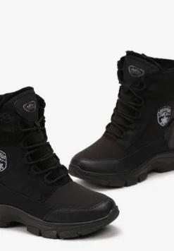 Czarne Ocieplane Śniegowce z Ozdobnym Kożuszkiem Arianea