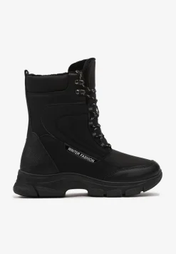 Czarne Ocieplane Śniegowce za Kostkę z Ozdobnym Wiązaniem Marinde