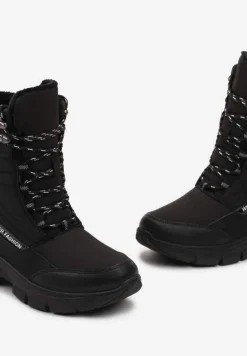 Czarne Ocieplane Śniegowce za Kostkę z Ozdobnym Wiązaniem Marinde