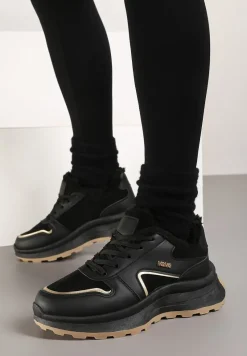Czarne Ocieplane Sneakersy na Platformie Ozdobione Metalicznym Wzorem Iveliri
