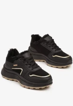 Czarne Ocieplane Sneakersy na Platformie Ozdobione Metalicznym Wzorem Iveliri