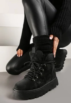 Czarne Ocieplane Sznurowane Śniegowce Traperki na Platformie Linneella