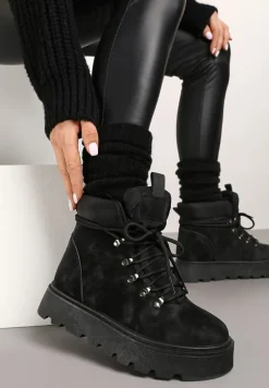 Czarne Ocieplane Sznurowane Śniegowce Traperki na Platformie Linneella
