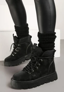 Czarne Ocieplane Sznurowane Śniegowce Traperki na Platformie Linneella