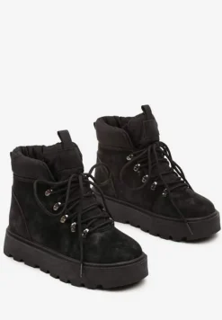 Czarne Ocieplane Sznurowane Śniegowce Traperki na Platformie Linneella