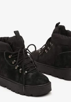 Czarne Ocieplane Sznurowane Śniegowce Traperki na Platformie Linneella