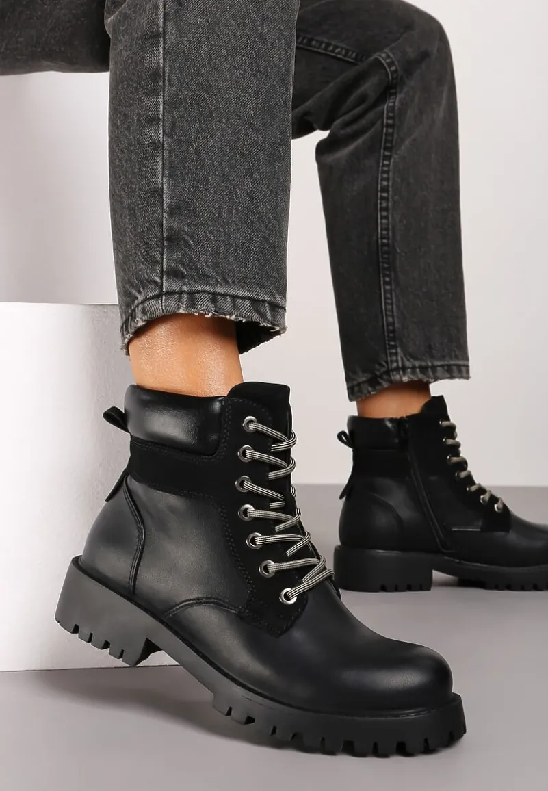 Czarne Ocieplane Traperki na Sznurowanie Revisa