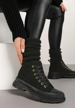 Czarne Ocieplane Trapery na Płaskiej Podeszwie ze Sznurowaniem Korirra