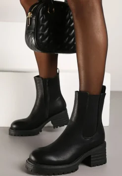 Czarne Ocieplone Botki na Słupku w Stylu Sztybletów Ozdobione z Boku Gumką Crethea