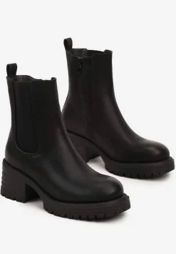 Czarne Ocieplone Botki na Słupku w Stylu Sztybletów Ozdobione z Boku Gumką Crethea