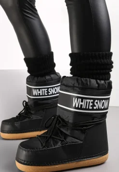 Czarne Ocieplone Śniegowce Wsuwane z Ozdobnym Napisem i Sznurowaniem Nalissa