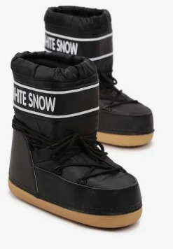 Czarne Ocieplone Śniegowce Wsuwane z Ozdobnym Napisem i Sznurowaniem Nalissa