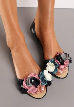 Czarne Otwarte Balerinki z Aplikacją z Kwiatami Anlofi