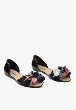 Czarne Otwarte Balerinki z Aplikacją z Kwiatami Anlofi