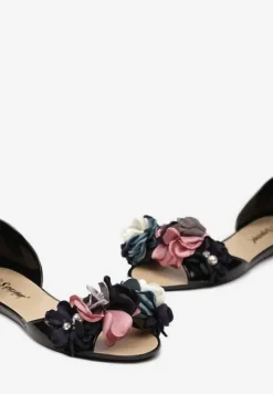 Czarne Otwarte Balerinki z Aplikacją z Kwiatami Anlofi