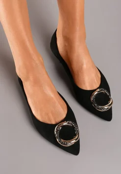Czarne Płaskie Balerinki Ozdobione Aplikacją o Złotym Wykończeniu Edolia