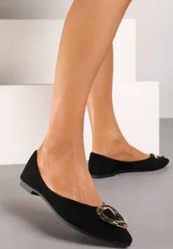 Czarne Płaskie Balerinki Ozdobione Aplikacją o Złotym Wykończeniu Edolia