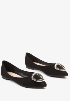 Czarne Płaskie Balerinki Ozdobione Aplikacją o Złotym Wykończeniu Edolia