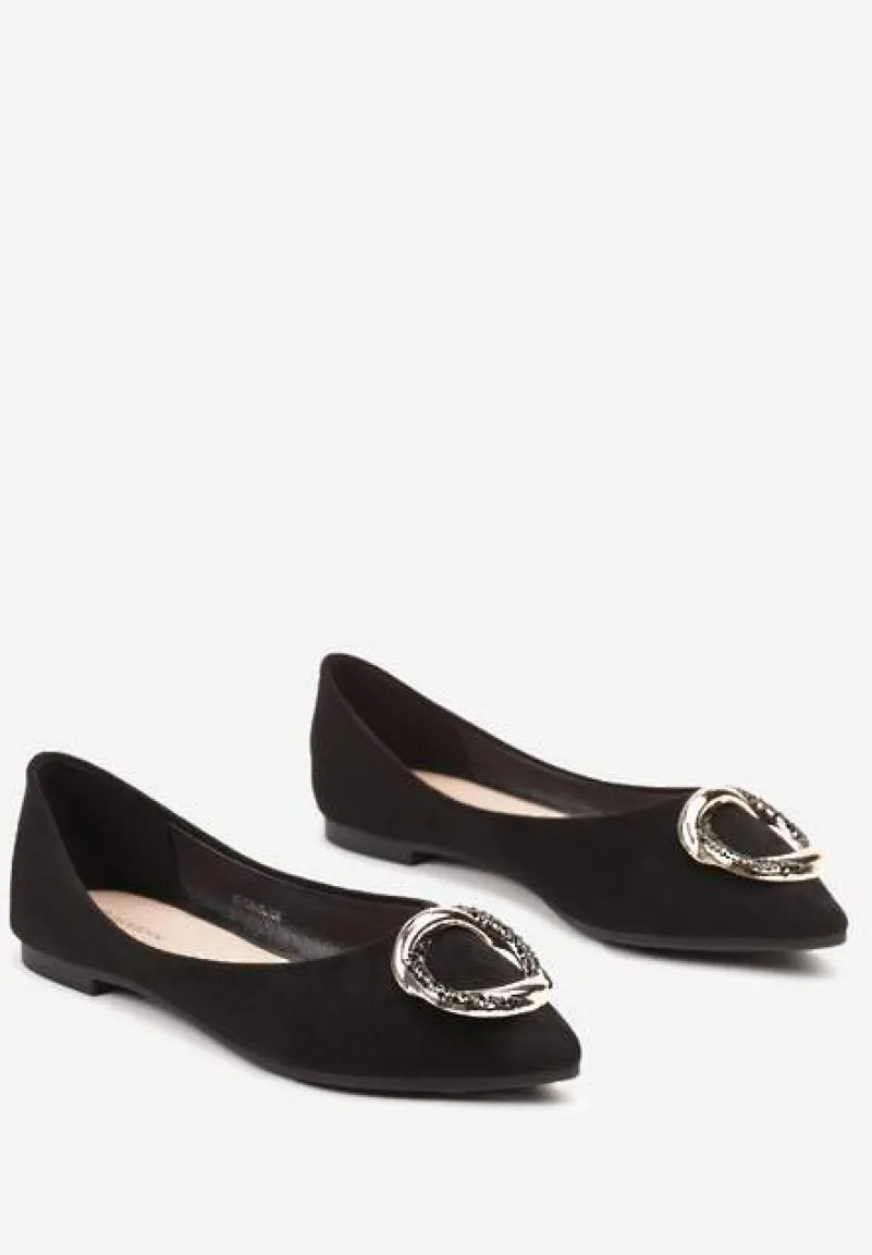 Czarne Płaskie Balerinki Ozdobione Aplikacją o Złotym Wykończeniu Edolia