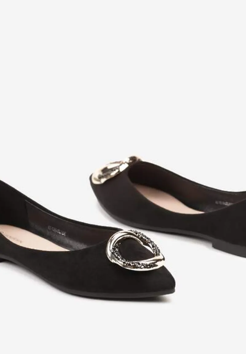 Czarne Płaskie Balerinki Ozdobione Aplikacją o Złotym Wykończeniu Edolia