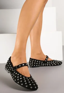 Czarne Płaskie Balerinki Vices z Cyrkoniami i Ozdobnym Paskiem Ozina