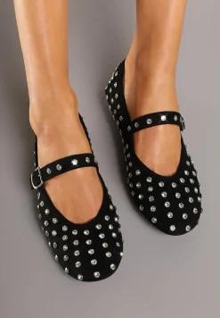 Czarne Płaskie Balerinki Vices z Cyrkoniami i Ozdobnym Paskiem Ozina