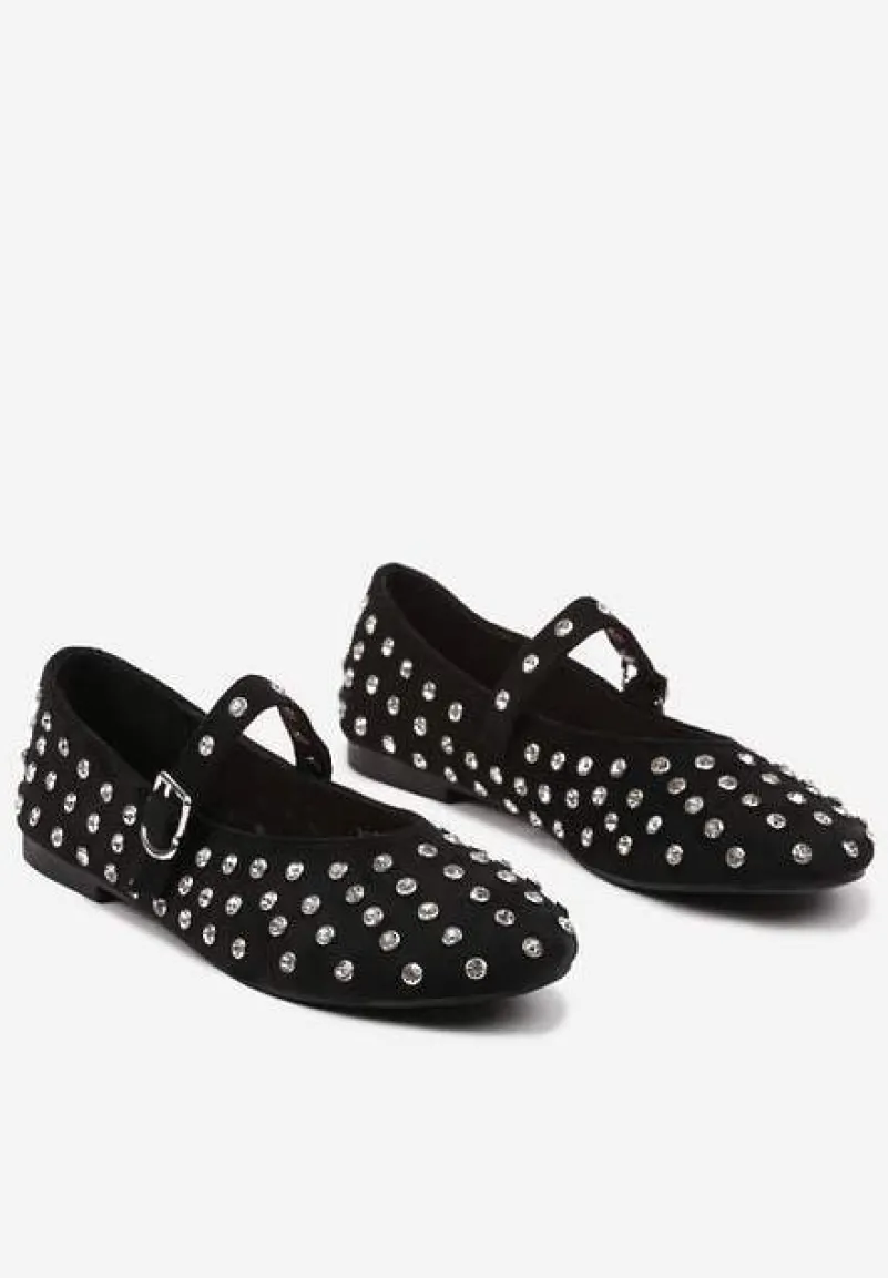 Czarne Płaskie Balerinki Vices z Cyrkoniami i Ozdobnym Paskiem Ozina