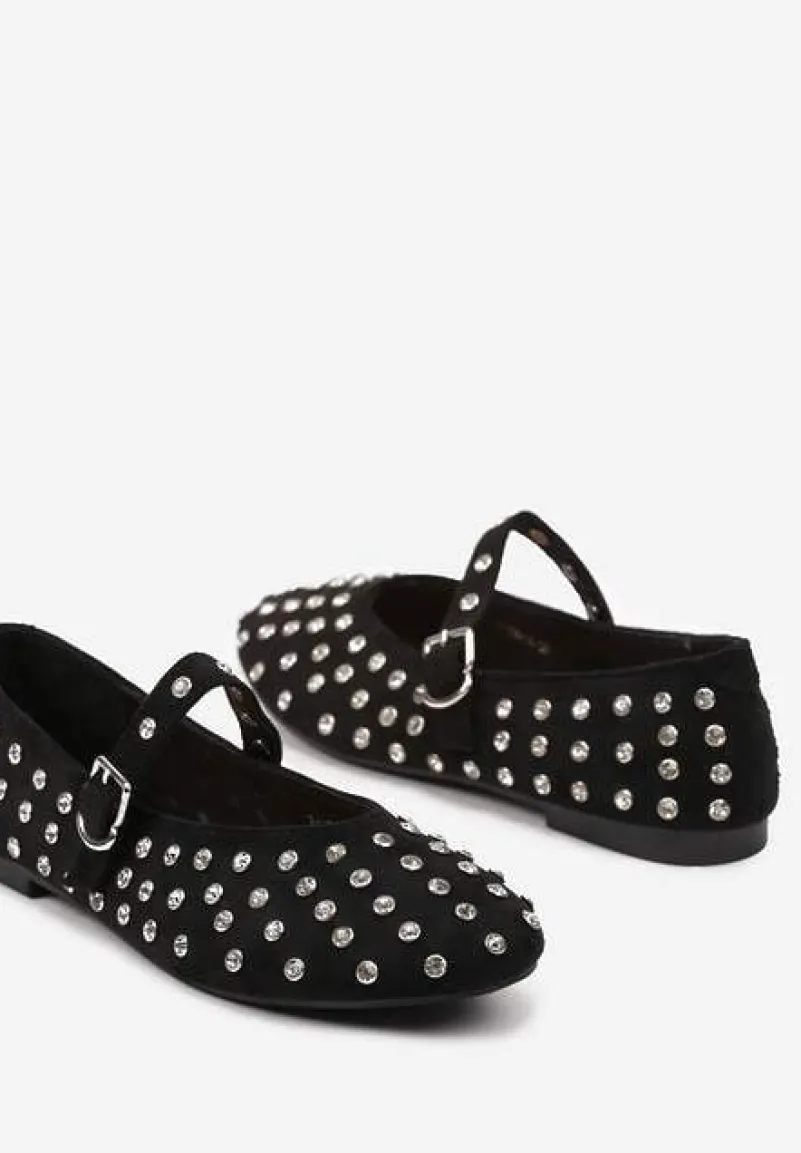 Czarne Płaskie Balerinki Vices z Cyrkoniami i Ozdobnym Paskiem Ozina