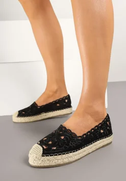 Czarne Płaskie Espadryle z Ażurową Cholewką Elearwen