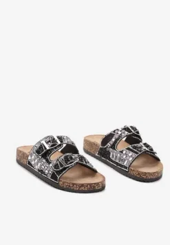 Czarne Płaskie Klapki z Imitacji Skóry z Klamrami Ozdobione Cyrkoniami i Kamykami Allenda