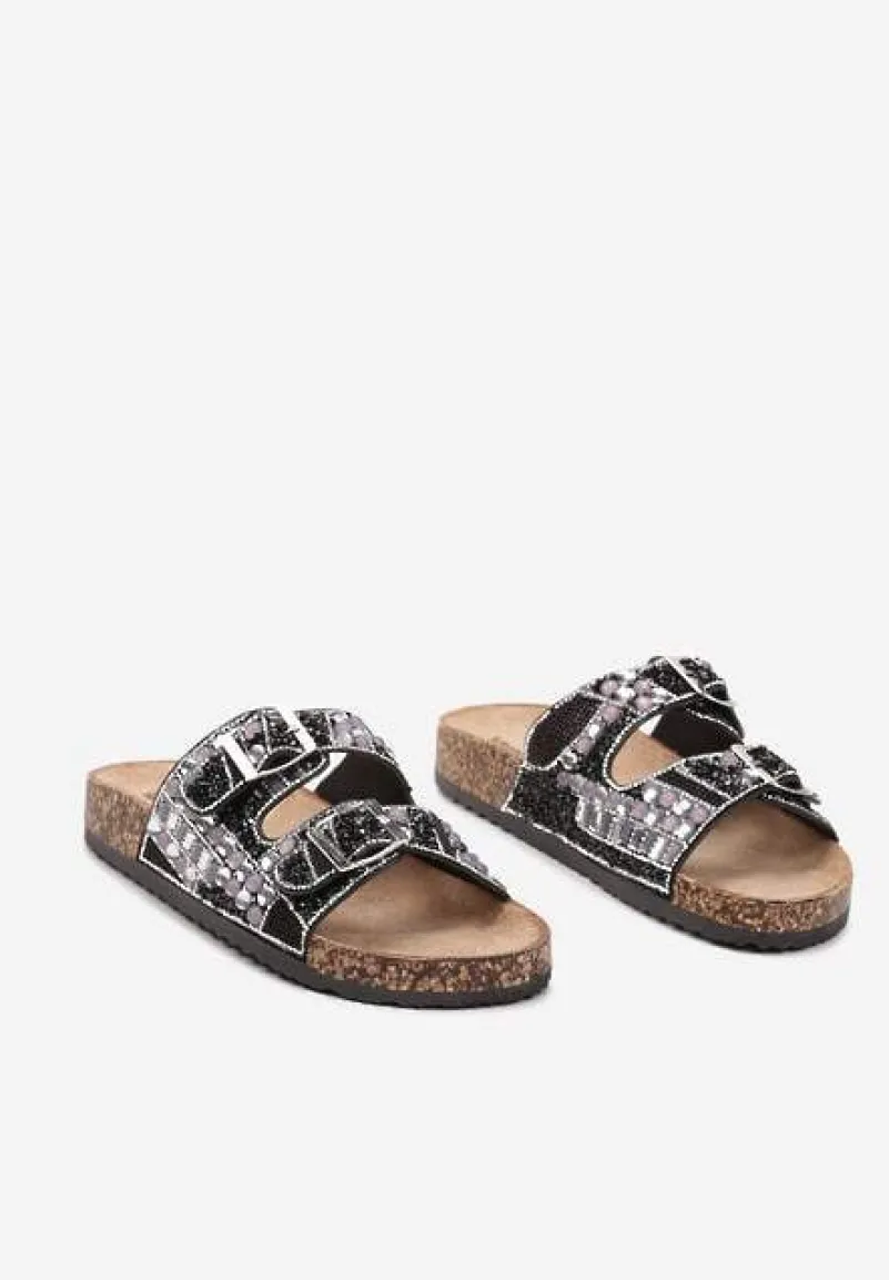 Czarne Płaskie Klapki z Imitacji Skóry z Klamrami Ozdobione Cyrkoniami i Kamykami Allenda