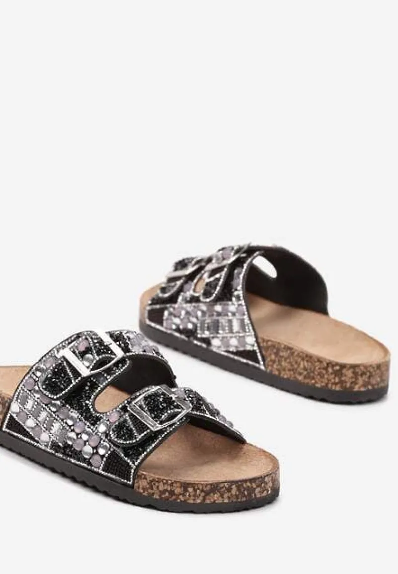 Czarne Płaskie Klapki z Imitacji Skóry z Klamrami Ozdobione Cyrkoniami i Kamykami Allenda