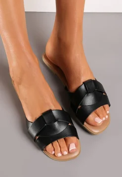 Czarne Płaskie Klapki z Modnie Przeplatanym Paskiem Xleana