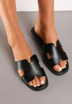 Czarne Płaskie Klapki z Wycięciami na Pasku Wiasta