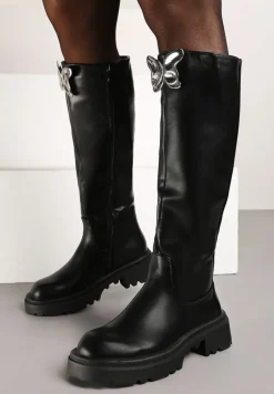 Czarne Płaskie Kozaki Ozdobione Motylem 3D Remidra