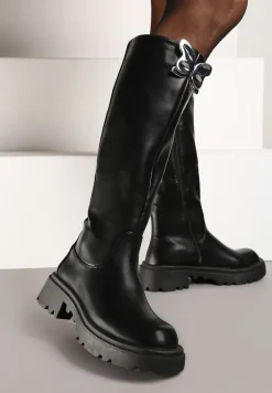 Czarne Płaskie Kozaki Ozdobione Motylem 3D Remidra