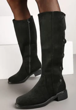 Czarne Płaskie Kozaki Ozdobione Napami z Ociepleniem Zinetia