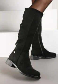 Czarne Płaskie Kozaki Ozdobione Napami z Ociepleniem Zinetia