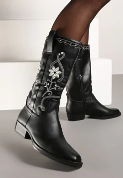 Czarne Płaskie Kozaki w Stylu Kowbojek z Haftowanymi Kwiatami Emelicia