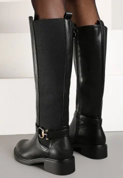 Czarne Płaskie Kozaki w Stylu Oficerek z Ozdobną Klamrą Linnovia