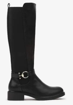 Czarne Płaskie Kozaki w Stylu Oficerek z Ozdobną Klamrą Linnovia