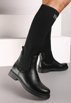 Czarne Płaskie Kozaki z Elastyczną Cholewką Hanine