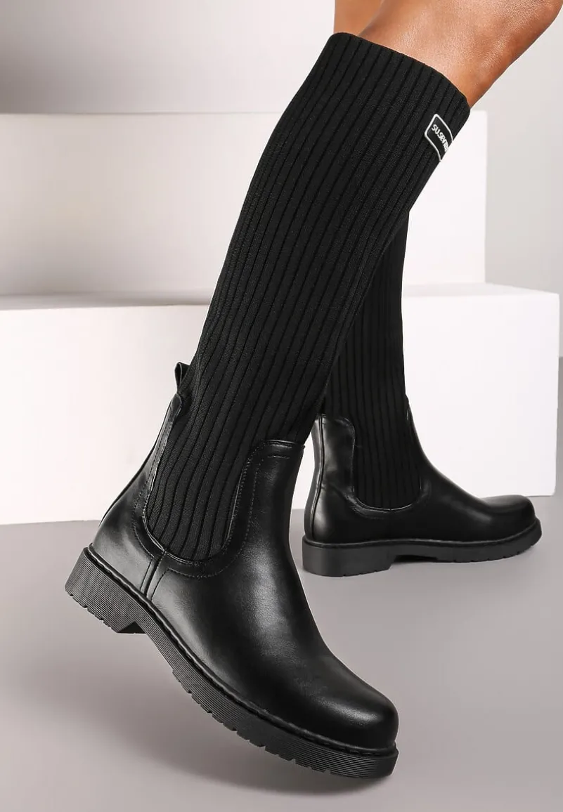 Czarne Płaskie Kozaki z Elastyczną Cholewką Hanine